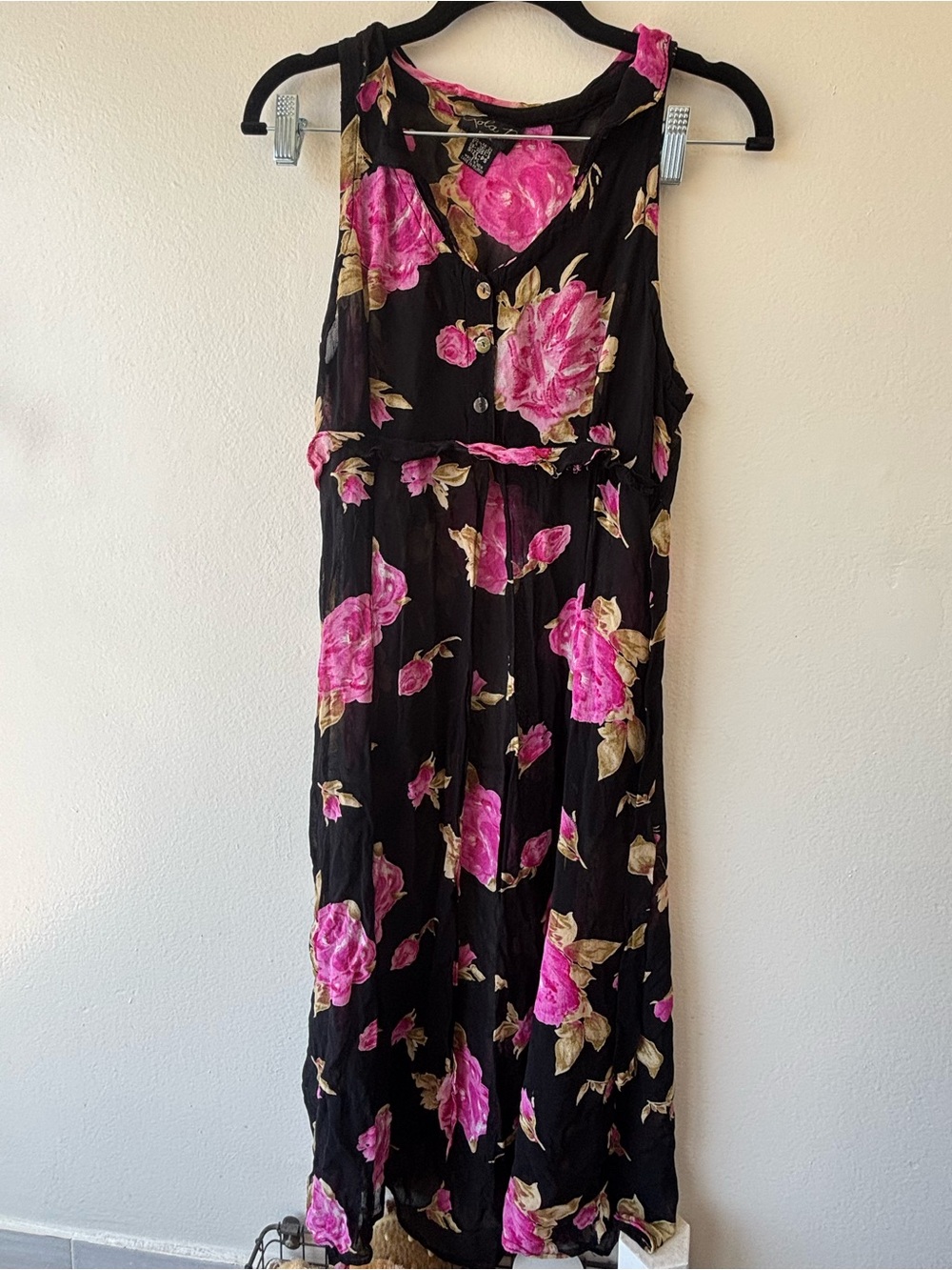 Black Floral Maxi vest/duster with Pink Rose Print